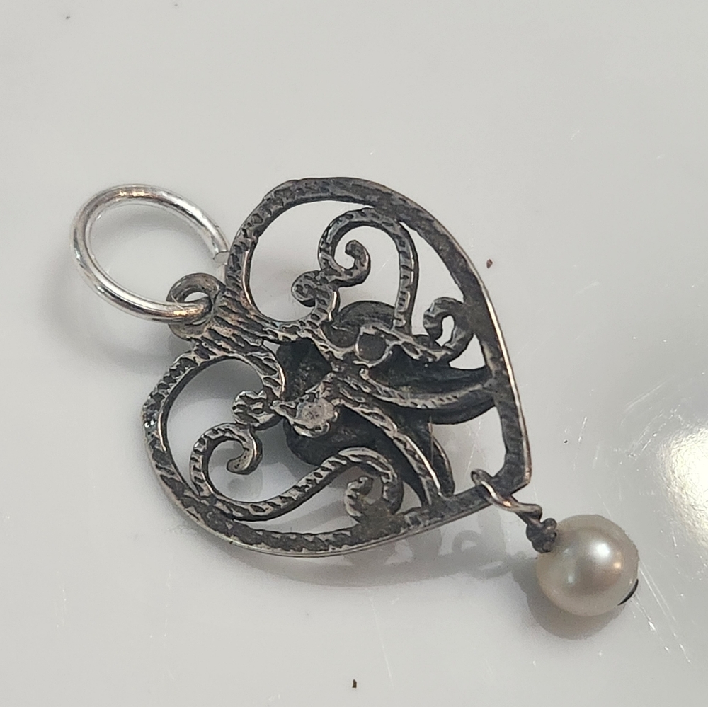Vintage Sterling  Heart Pendant with Genuine Pearl